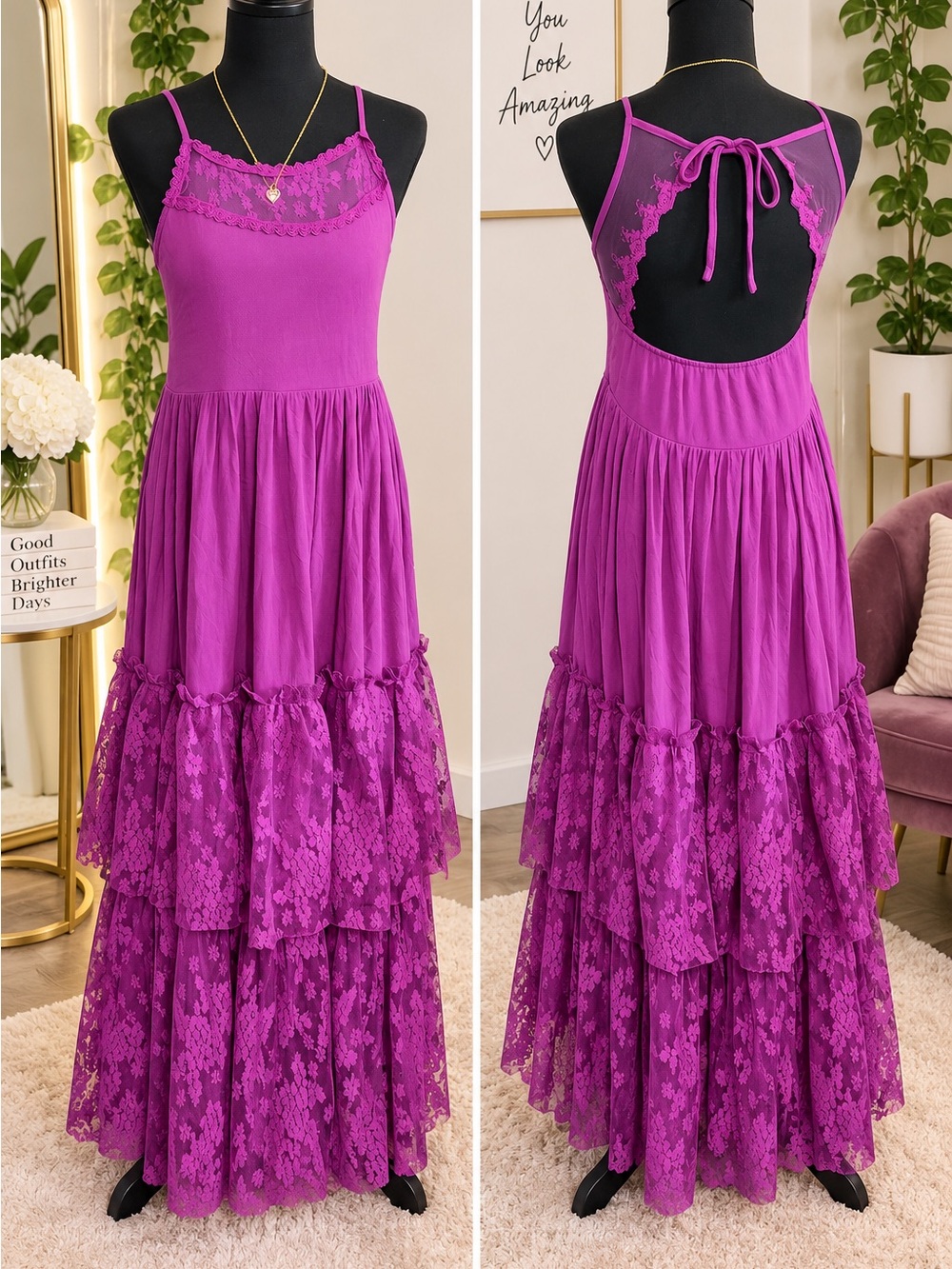 Purple Magenta Lace Tiered Maxi Dress Y14